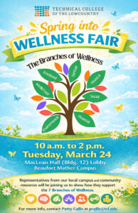 Flyer for the Technical College of the Lowcountry Spring into Wellness Fair. The event takes place Tuesday, March 24 from 10 a.m. to 2 p.m. in the MacLean Hall (Building 12) Lobby on the Beaufort Mather Campus. Campus and community representatives will share resources supporting the seven branches of wellness: emotional, spiritual, physical, social, financial, environmental, and intellectual. Contact Patty Callis at pcallis@tcl.edu for more information.